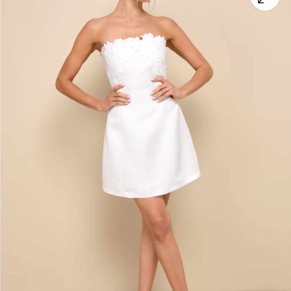 Unforgettable Icon White Satin Strapless Floral Mini Dress